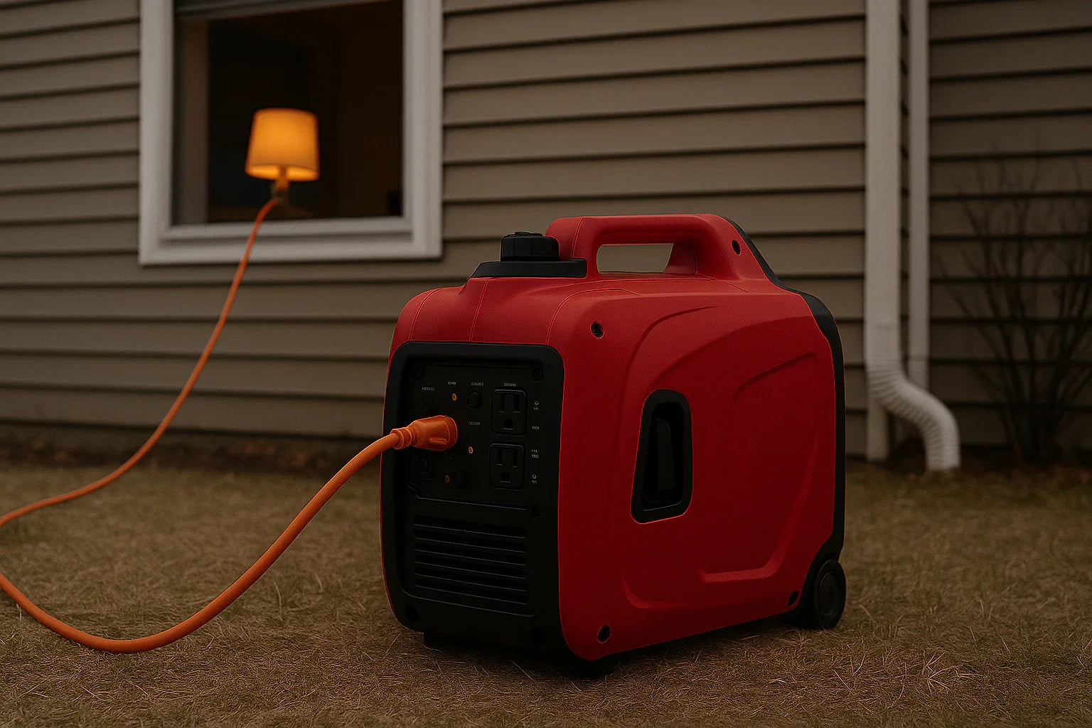 A portable quiet inverter generator powers a suburban home during an emergency blackout.