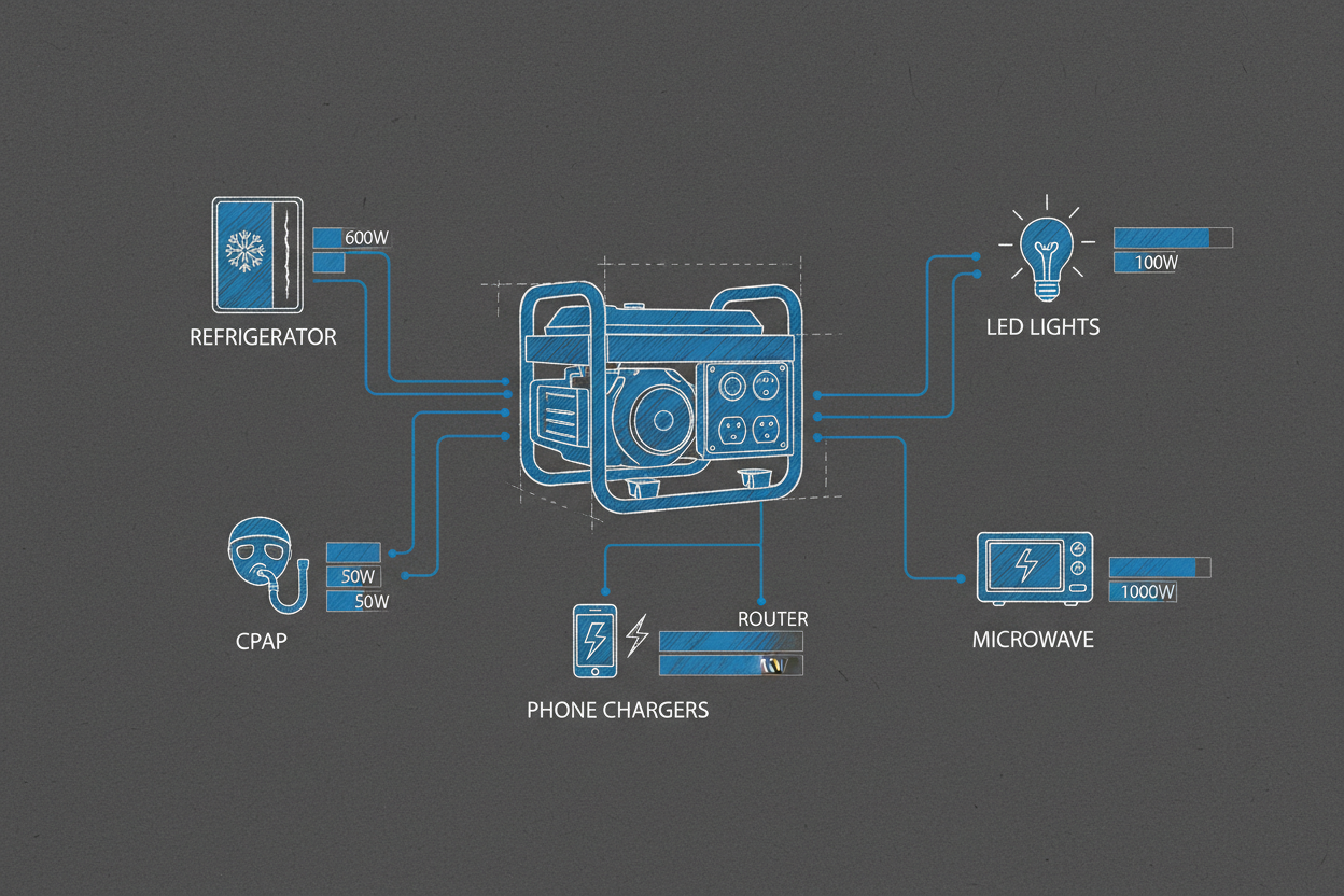 Technical illustration showing essential home devices powered by an inverter generator.