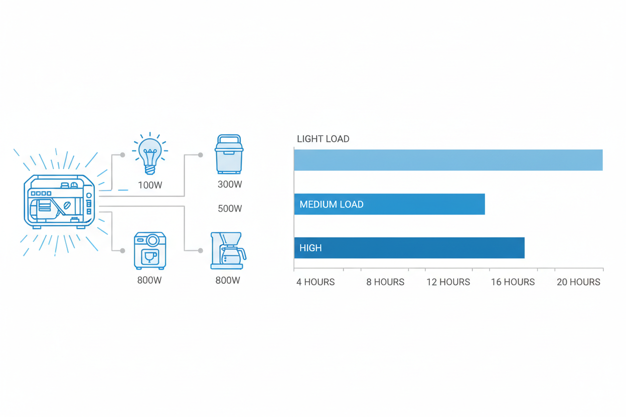 Technical illustration showing camping generator runtime at different load levels.
