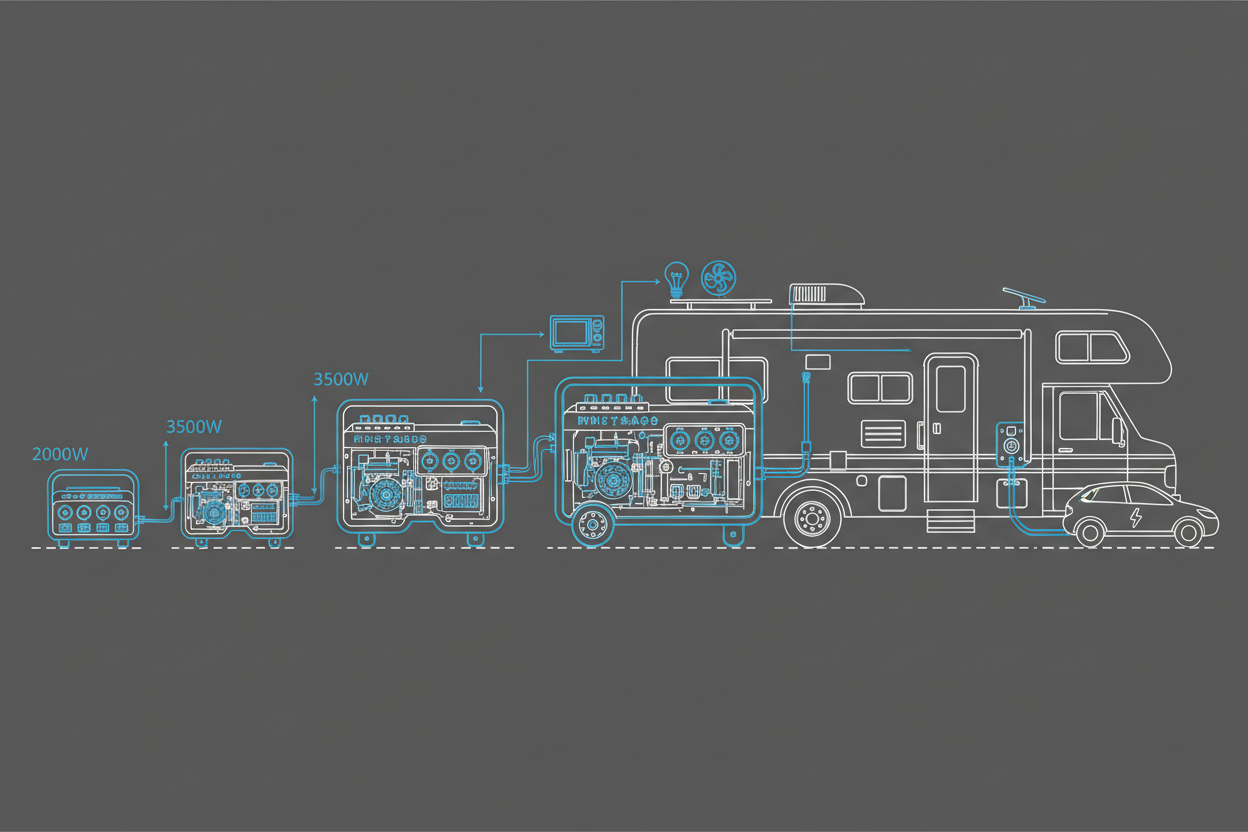Technical illustration comparing generator sizes for RV use.