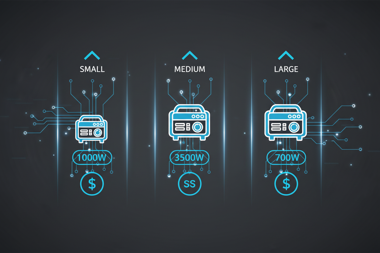 Schematic illustration showing inverter generator price tiers by size and wattage.