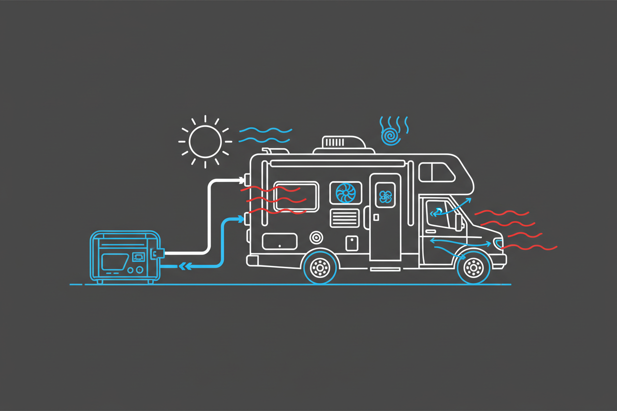 Technical illustration of an RV using an inverter generator to power an air conditioner.