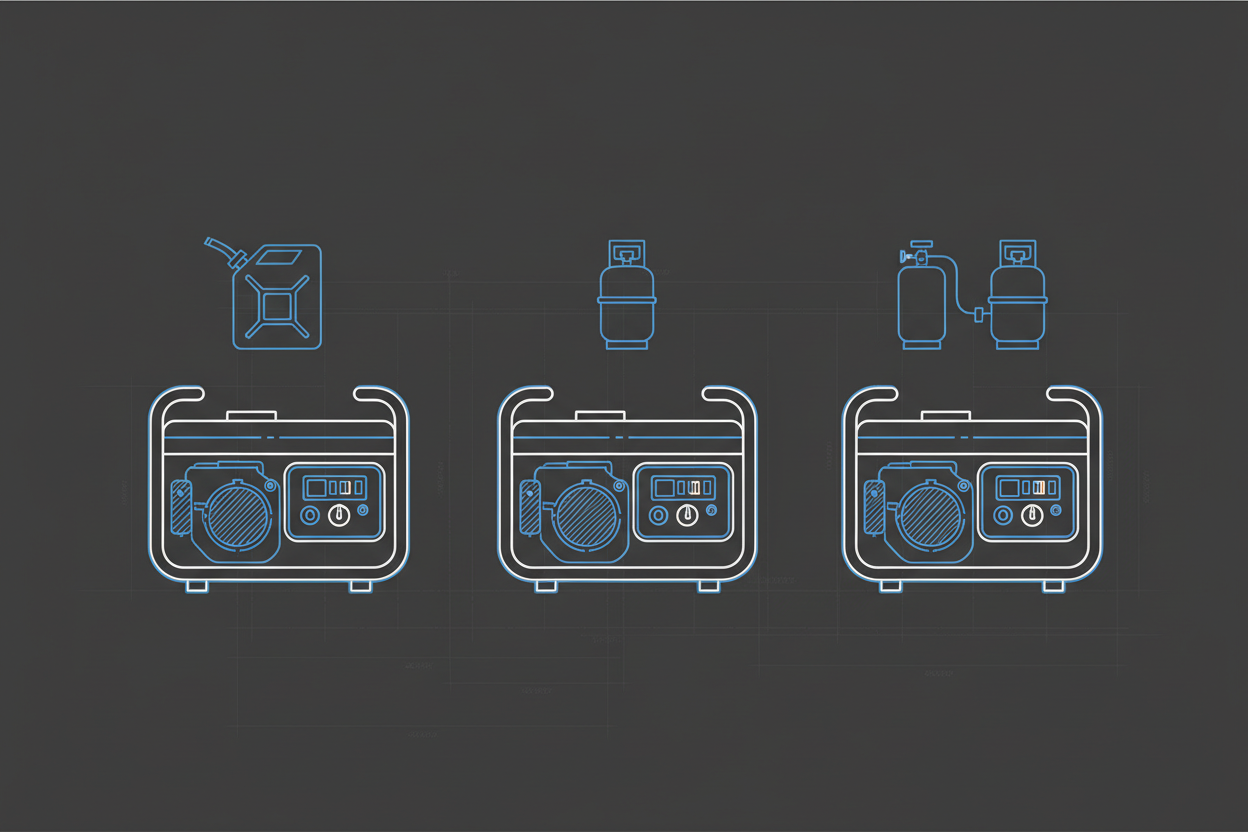 Technical illustration comparing gasoline, propane, and dual-fuel generators for RVs.