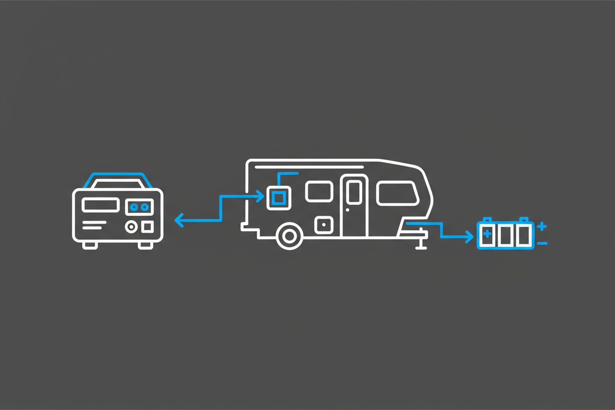 Technical illustration of a generator charging RV batteries through the converter.