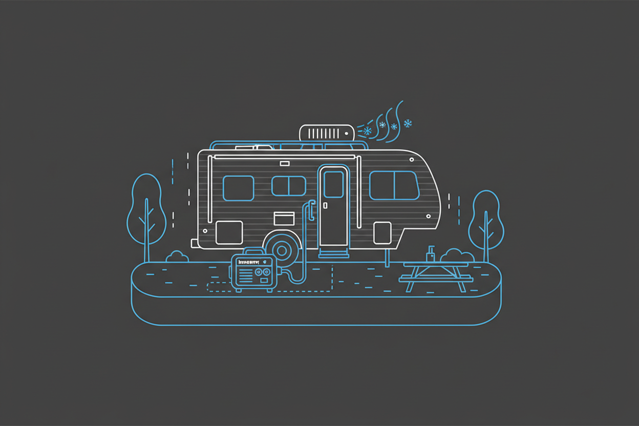 Technical illustration showing an RV connected to a generator powering the air conditioner.
