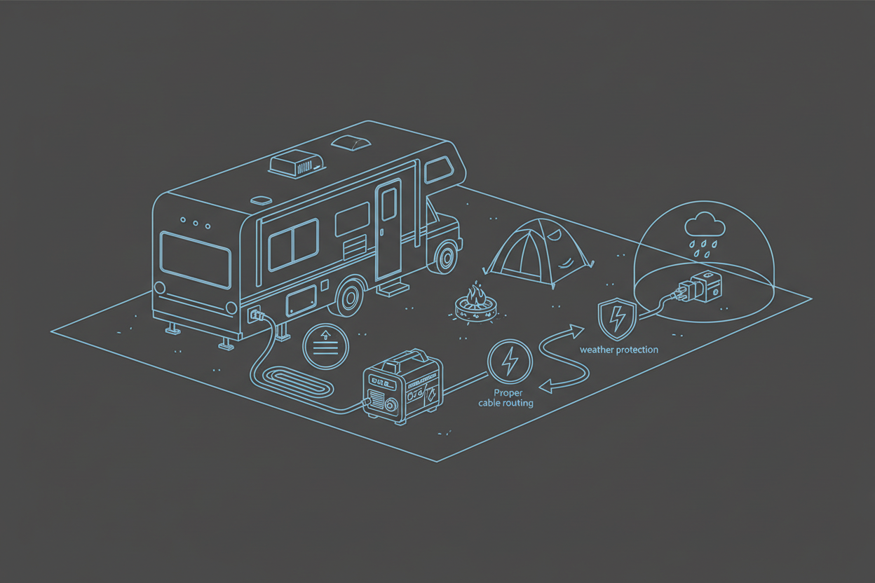 Technical illustration showing safe RV generator connection with grounding and surge protection.