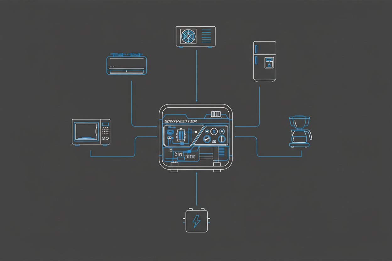 Schematic illustration showing RV appliance wattage requirements around an inverter generator.