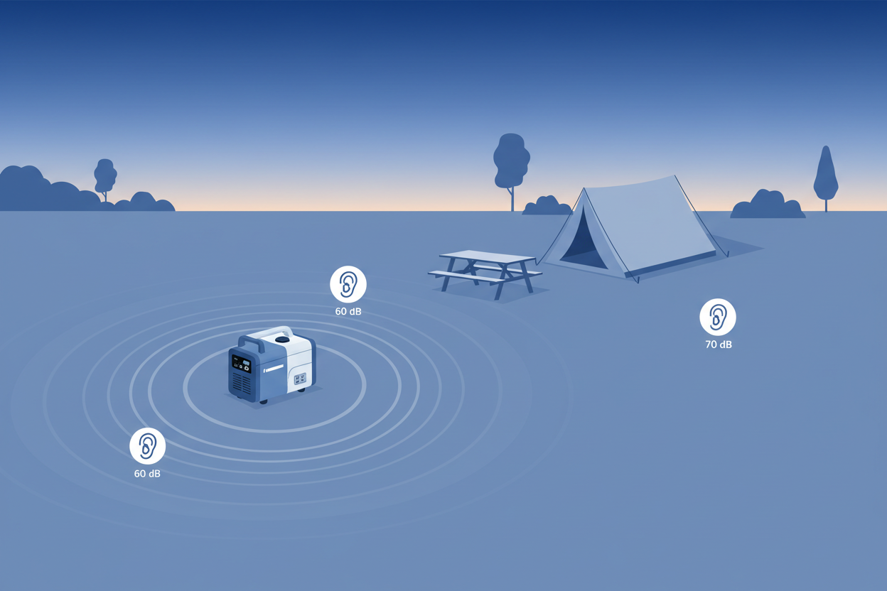 Technical illustration showing camping generator distance and noise levels in a campground.