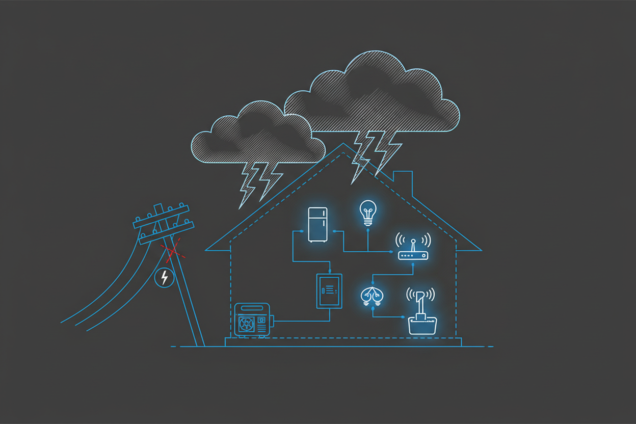 Technical illustration of inverter generator powering essentials during a storm outage.