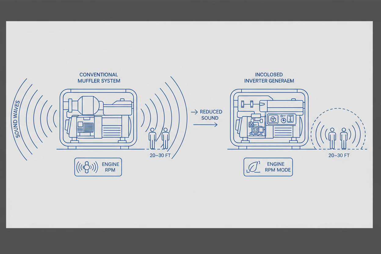 Technical illustration showing how inverter generators reduce noise for home use.