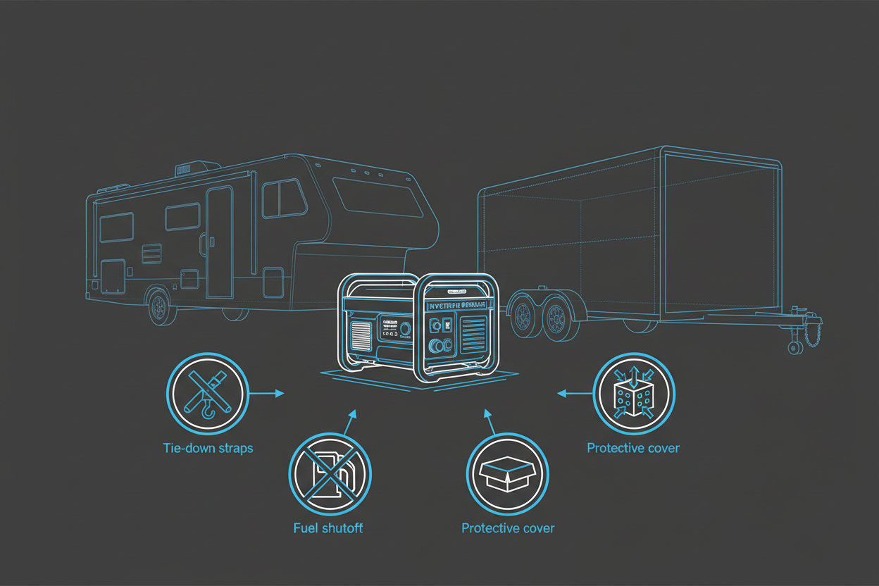 Technical illustration showing safe storage and transport of an RV generator.