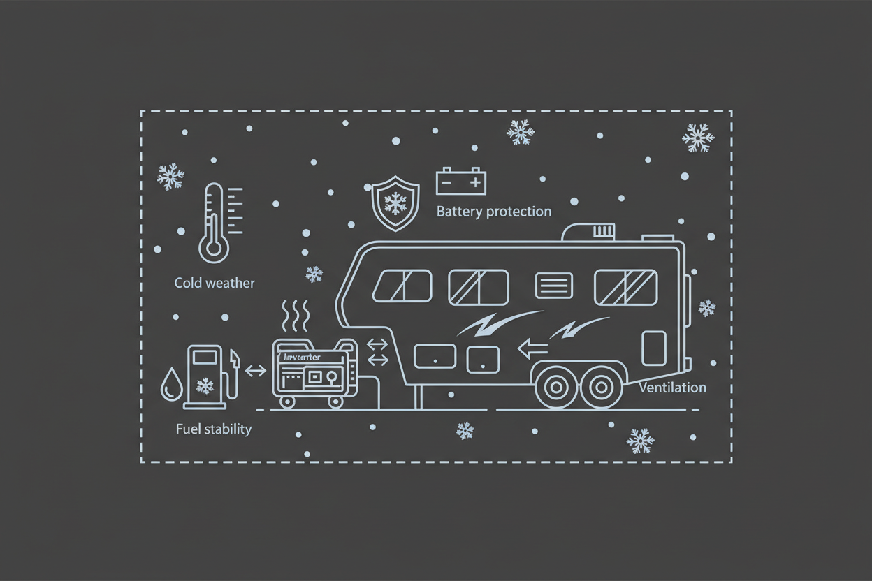 Technical illustration showing an RV generator operating in cold winter conditions.