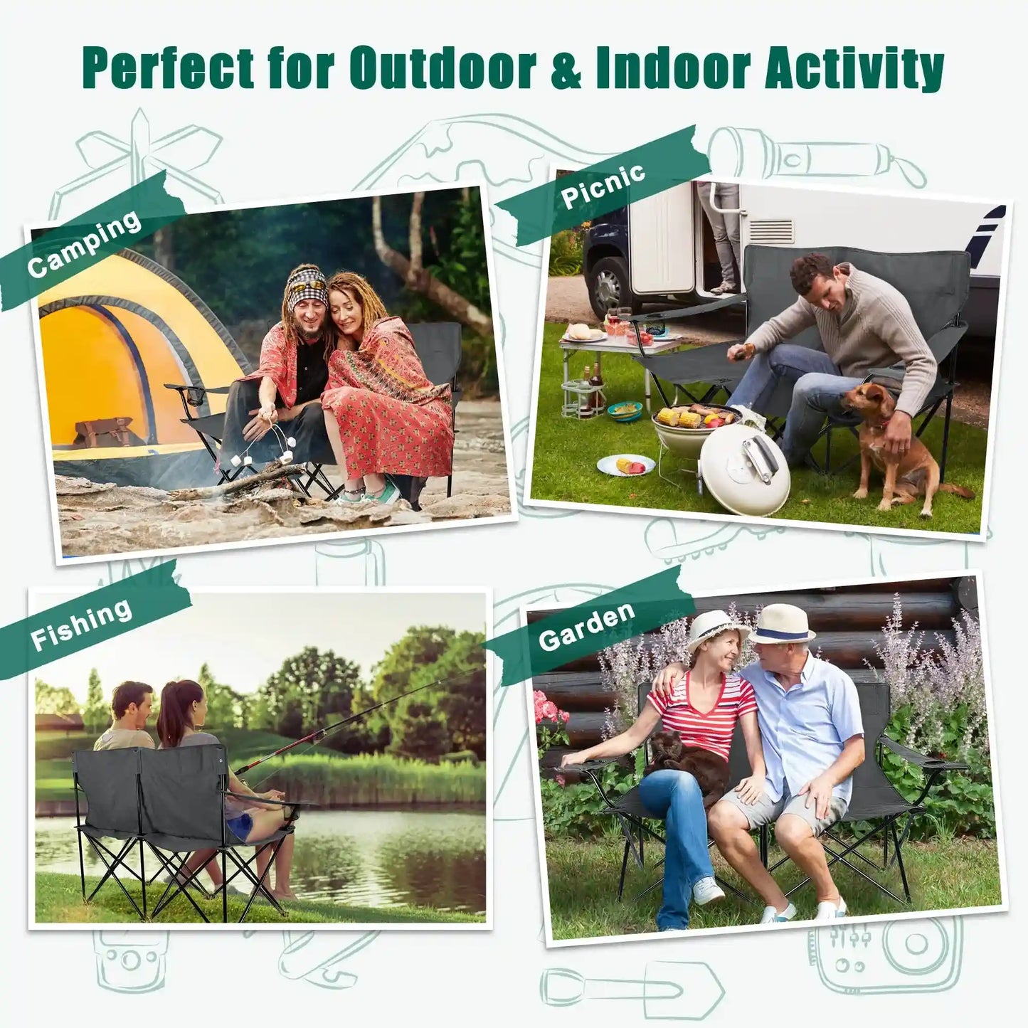 Oversized Foldable Camping Chair, Double Seat Folding Camp Compact Chair for 2 Persons with Storage Bag, Portable & Large for Outdoor Fishing Hiking Travel Picnic Beach Lawn Patio - Grey