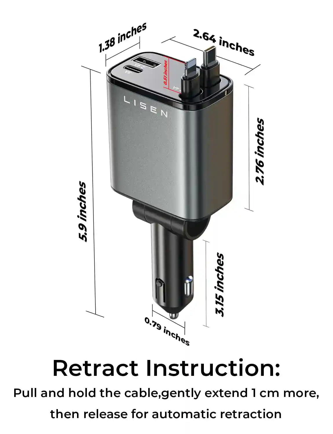 LISEN Retractable Car Charger, 69W USB C Car Accessories Adapter for iPhone 16 USB C Charger Fast Charging, Truck Accessories, Travel Essentials Gifts for Women Men, for iPhone 16 15 14 13 12 Pro Max