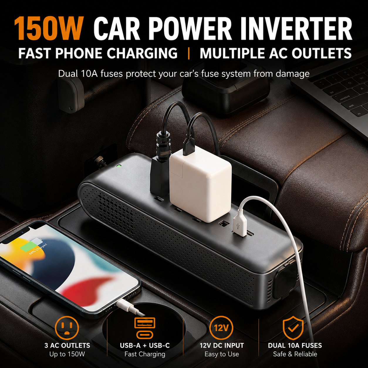 ERAYAK 150W Car Power Inverter - 3 AC Outlets, USB-C & USB-A Fast Charging