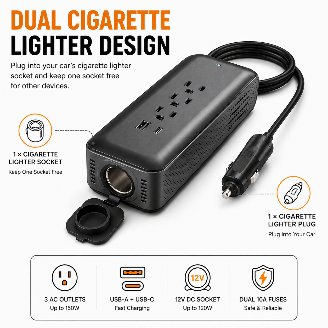 ERAYAK 150W Car Power Inverter - 3 AC Outlets, USB-C & USB-A Fast Charging