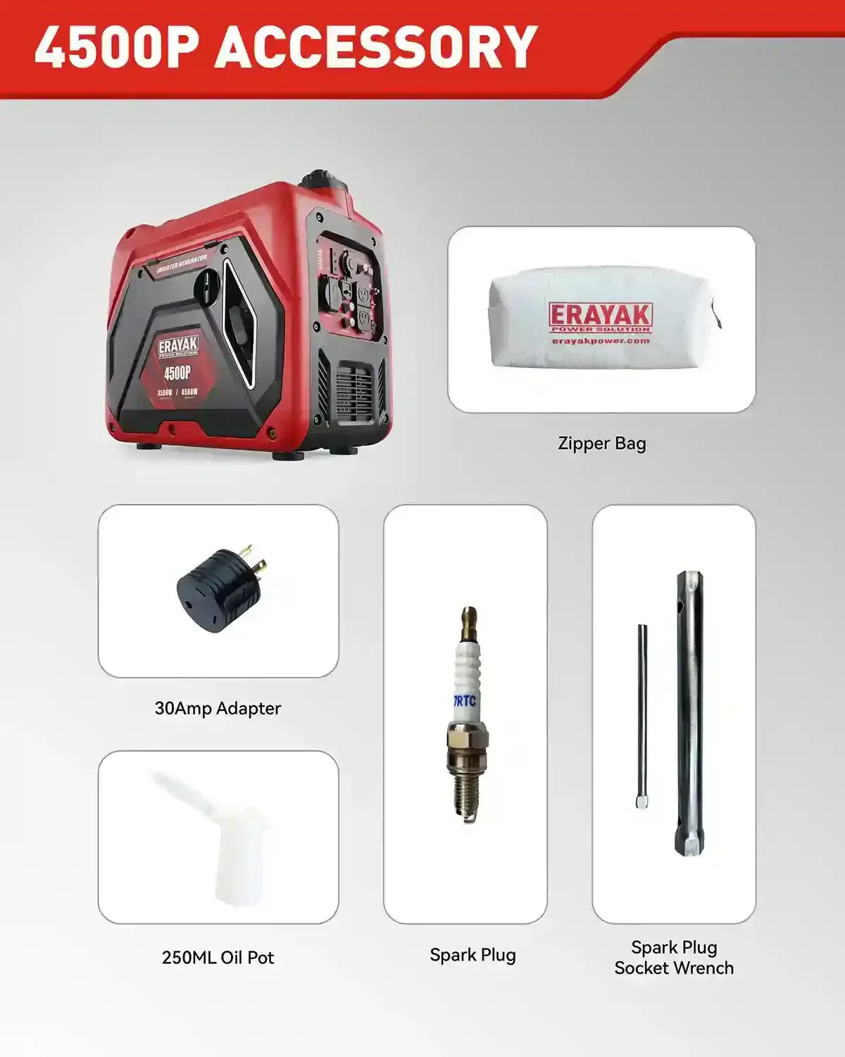 Erayak 4500W Generator Included Accessories - Oil Funnel Spark Plug Wrench Charging Cable Tools