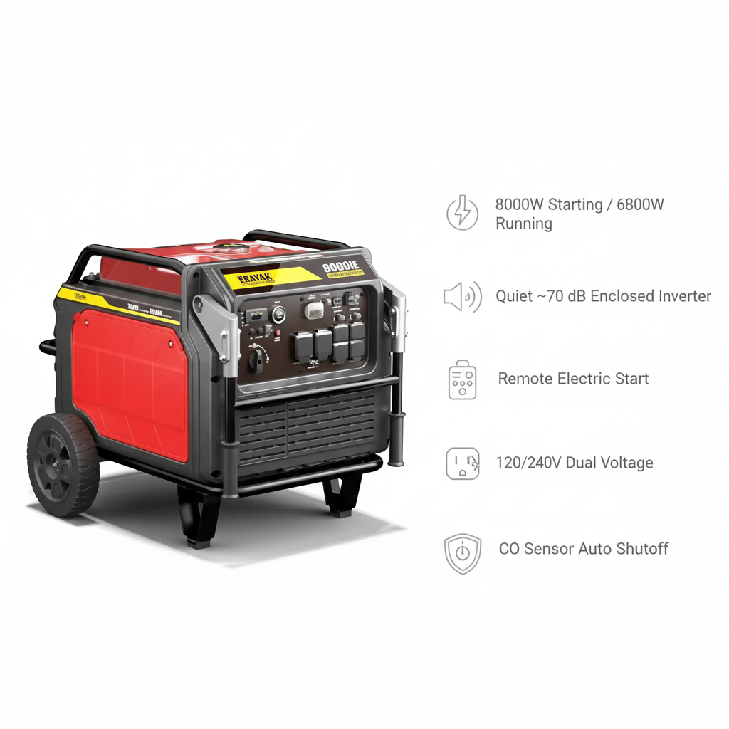 Erayak 8000iE 8000W generator features - 120V/240V dual voltage, remote electric start, 7 outlets
