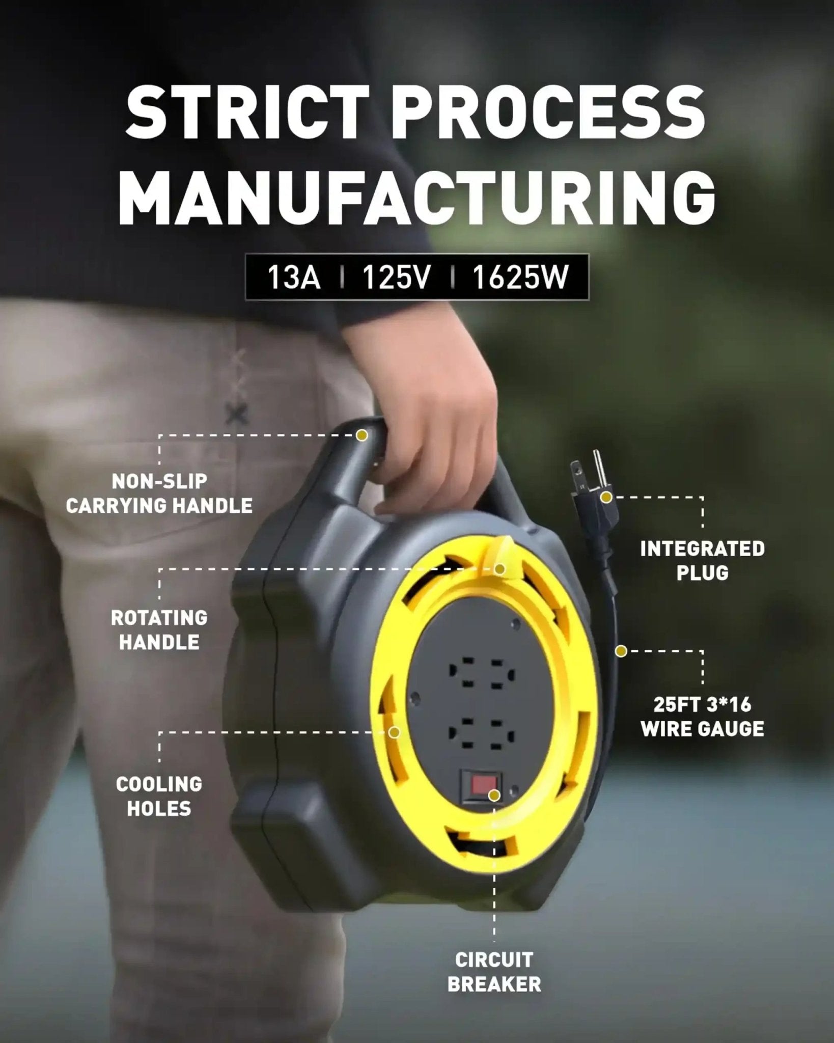 Erayak 25ft Retractable Extension Cord Reel, Hand Wind, 13 Amp 16/3 AWG SJTW - Erayak Power