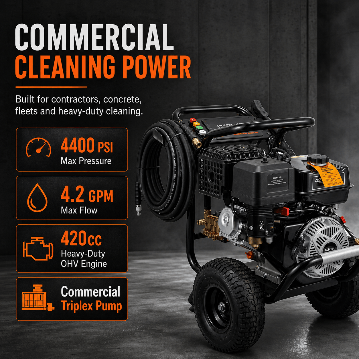 Erayak 4400 PSI Commercial Gas Pressure Washer - 4.2 GPM Flow • 420cc OHV Engine • Triplex Pump - Erayak Power -