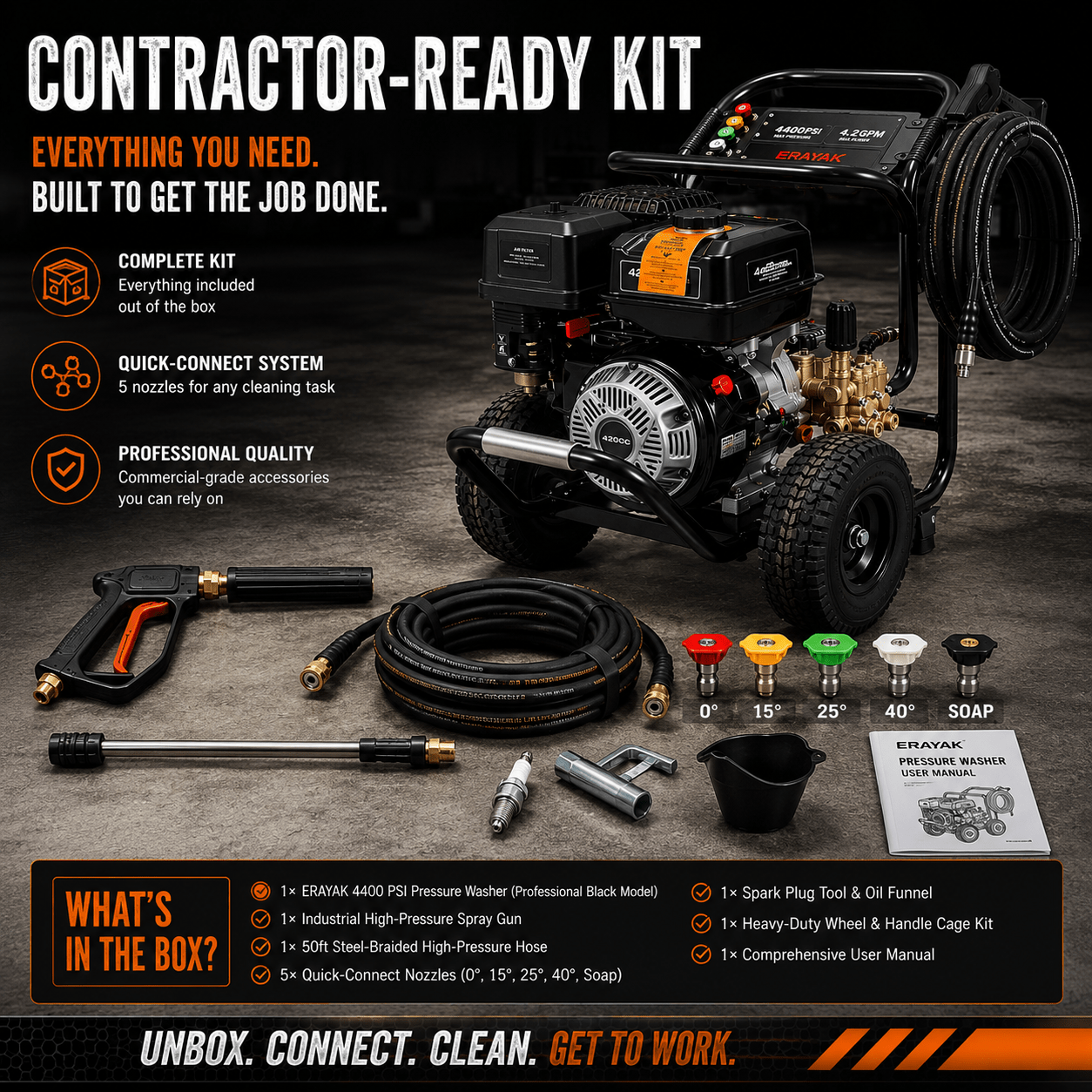 Erayak 4400 PSI Commercial Gas Pressure Washer - 4.2 GPM Flow • 420cc OHV Engine • Triplex Pump - Erayak Power -