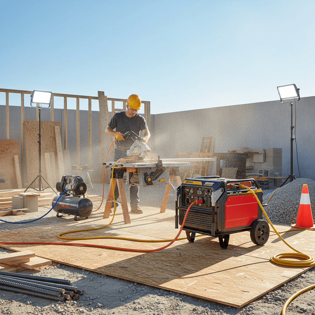 8000W generator powering heavy-duty job site tools and equipment with 240V output