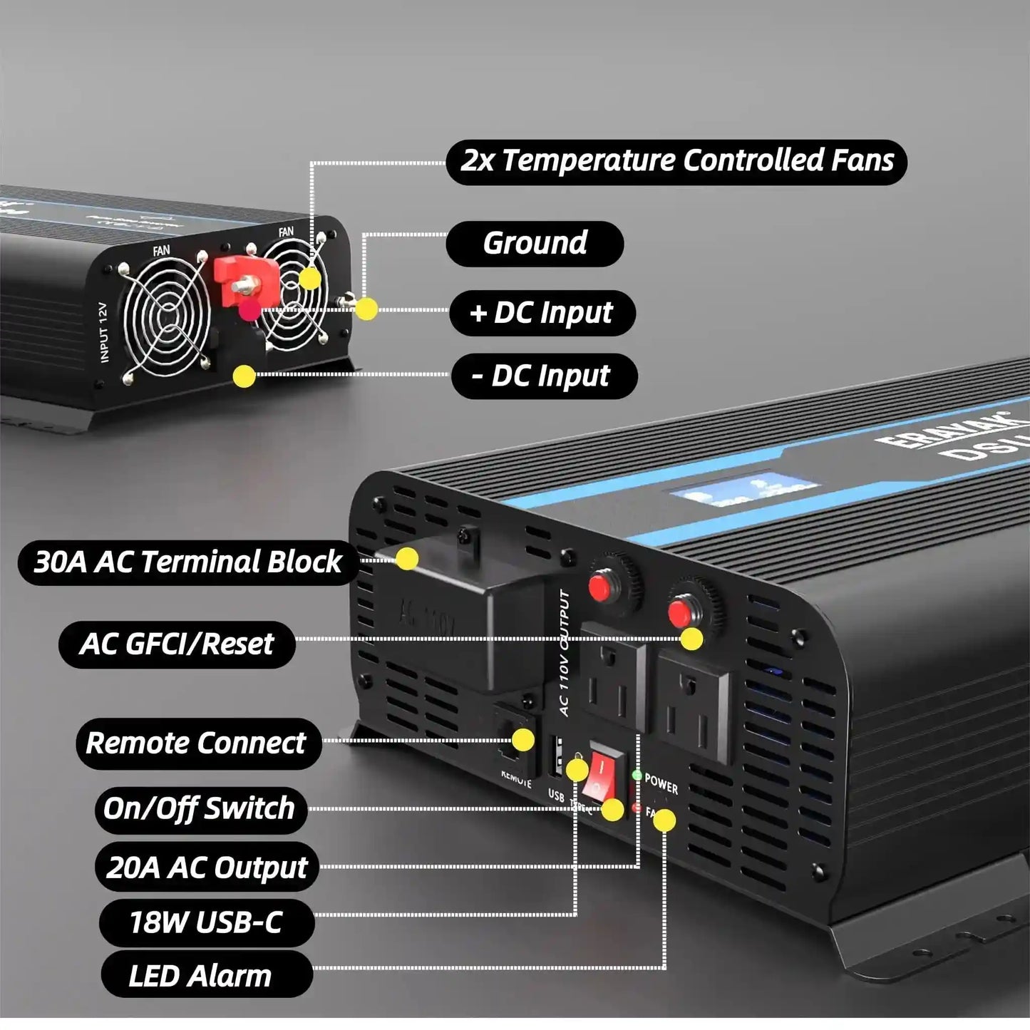 Erayak Pure Sine Wave Inverter, 12V DC to 120V AC, Converter for Home, RV, Truck, Off-Grid Solar DSU 2000W/3000W, - Erayak Power