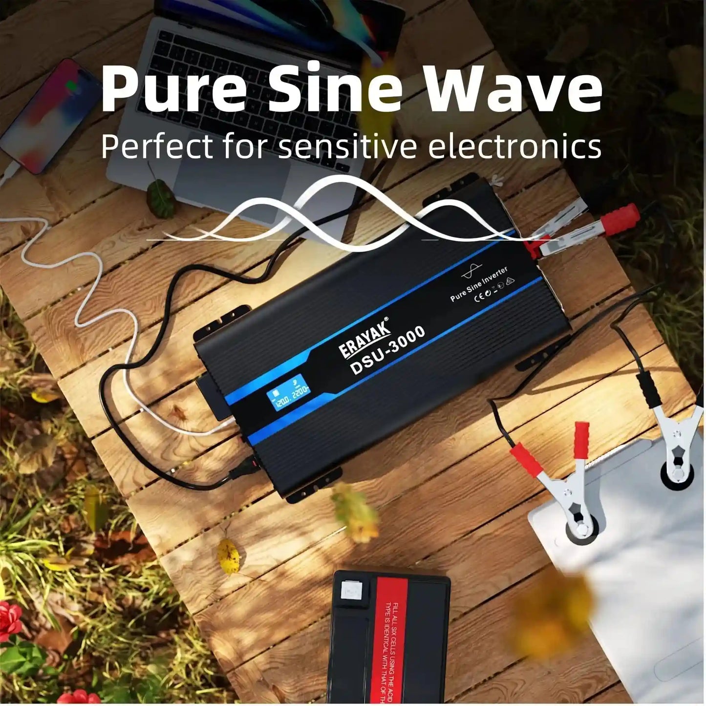Erayak Pure Sine Wave Inverter, 12V DC to 120V AC, Converter for Home, RV, Truck, Off-Grid Solar DSU 2000W/3000W, - Erayak Power