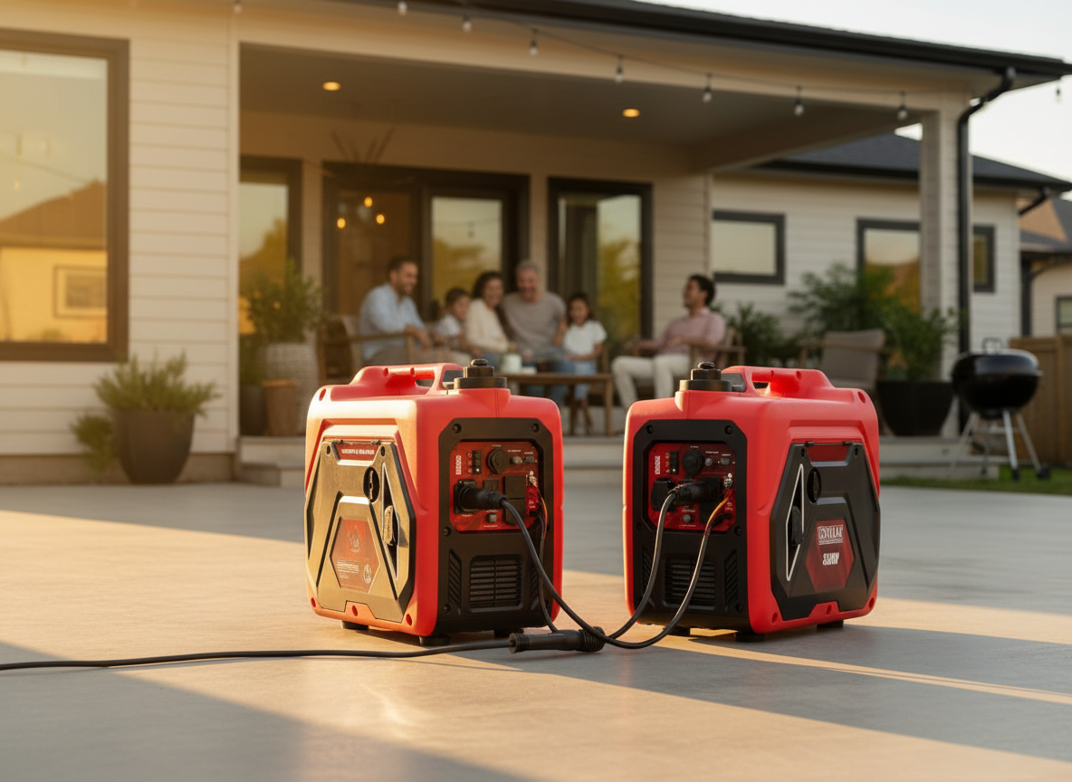 Two Erayak generators in parallel in suburban backyard at golden hour