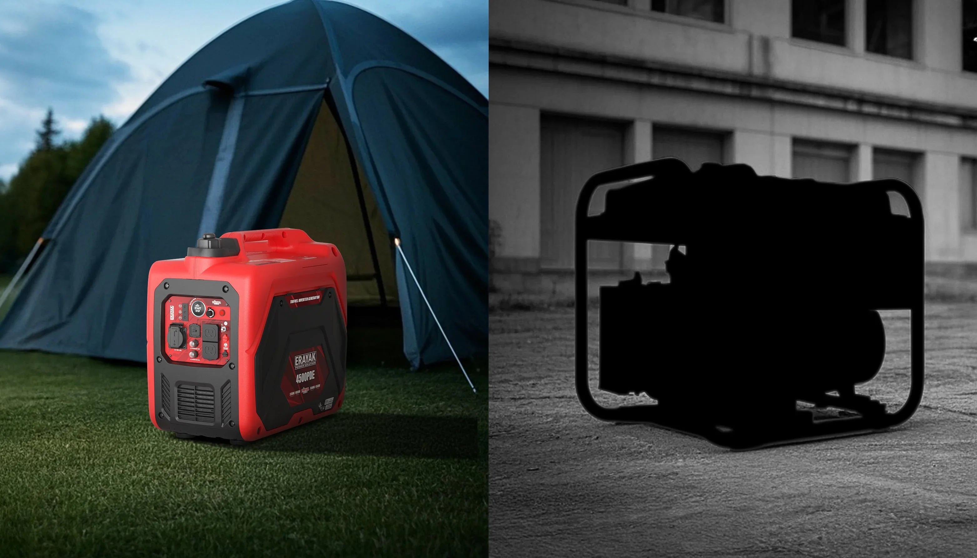 Inverter generator vs traditional generator contrast with noise and size labels