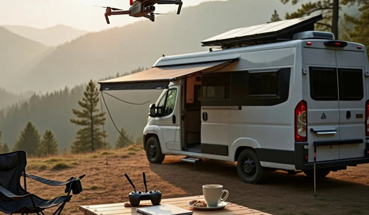 A remote RV campsite in the mountains with  outdoor table, coffee cup, and drone controller.