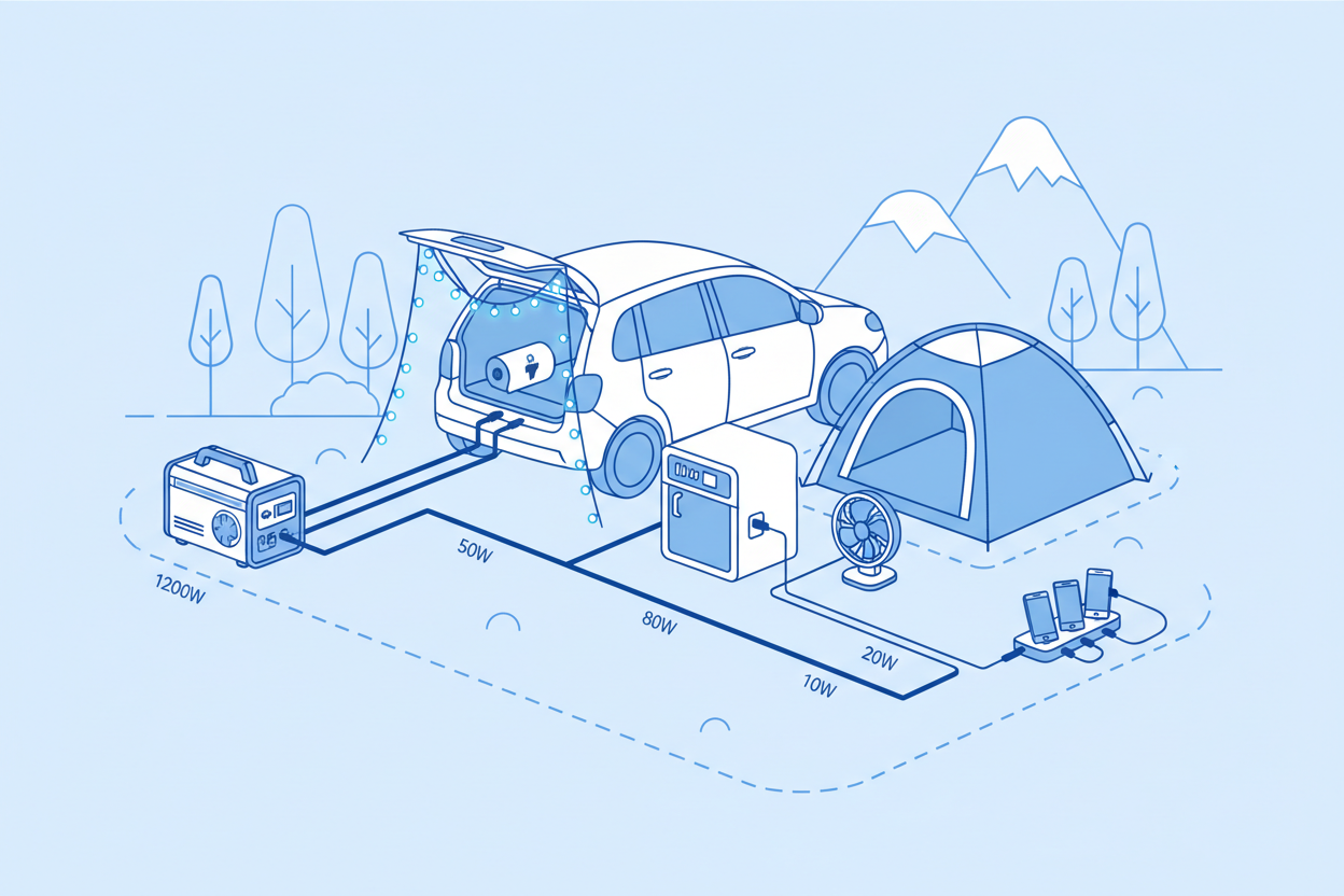 Technical illustration of a car camping generator powering campsite devices.