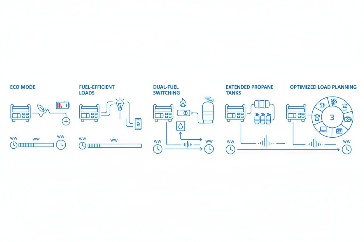 Technical illustration showing methods to extend camping generator runtime.