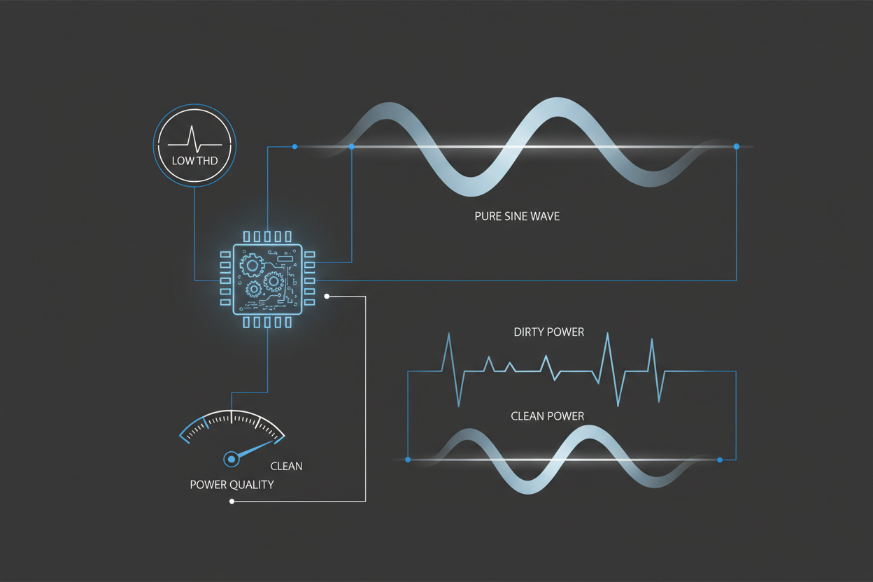 Technical illustration showing clean sine wave output from an inverter generator.