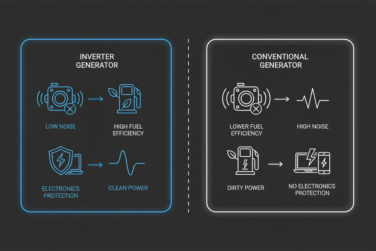 Schematic illustration comparing inverter generators and conventional generators.