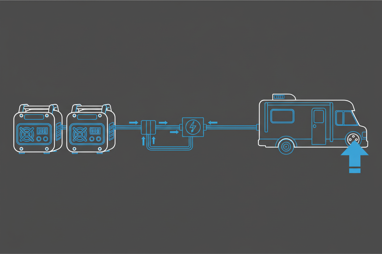 Technical illustration of two inverter generators running in parallel to power an RV.
