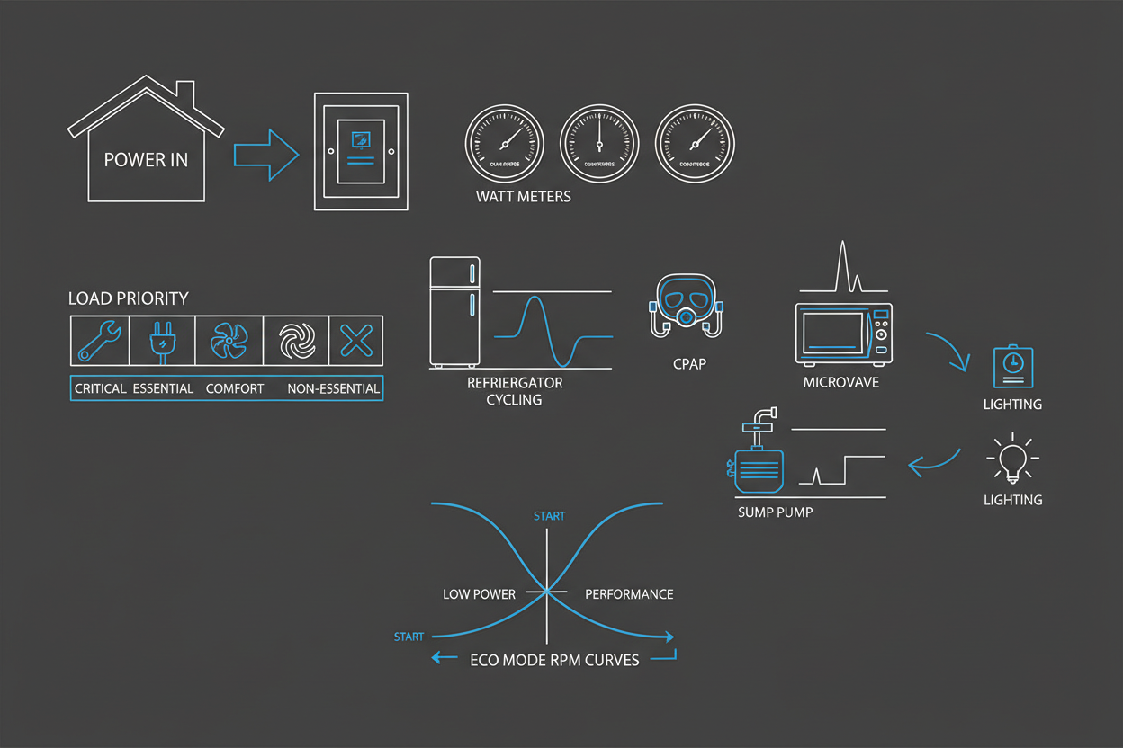 Technical illustration showing home backup generator load management strategies.