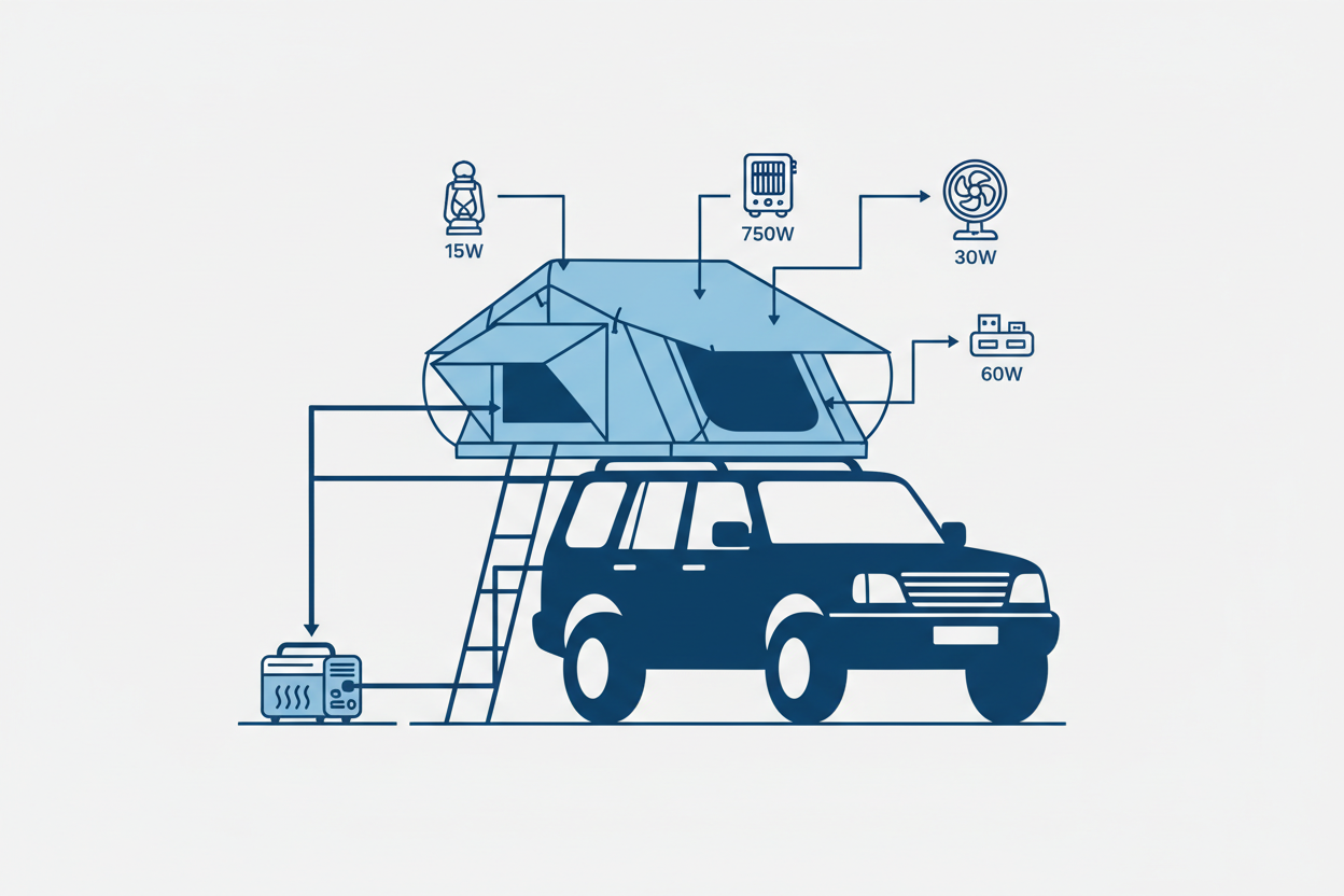 Technical illustration of powering a tent or rooftop tent with a camping generator.