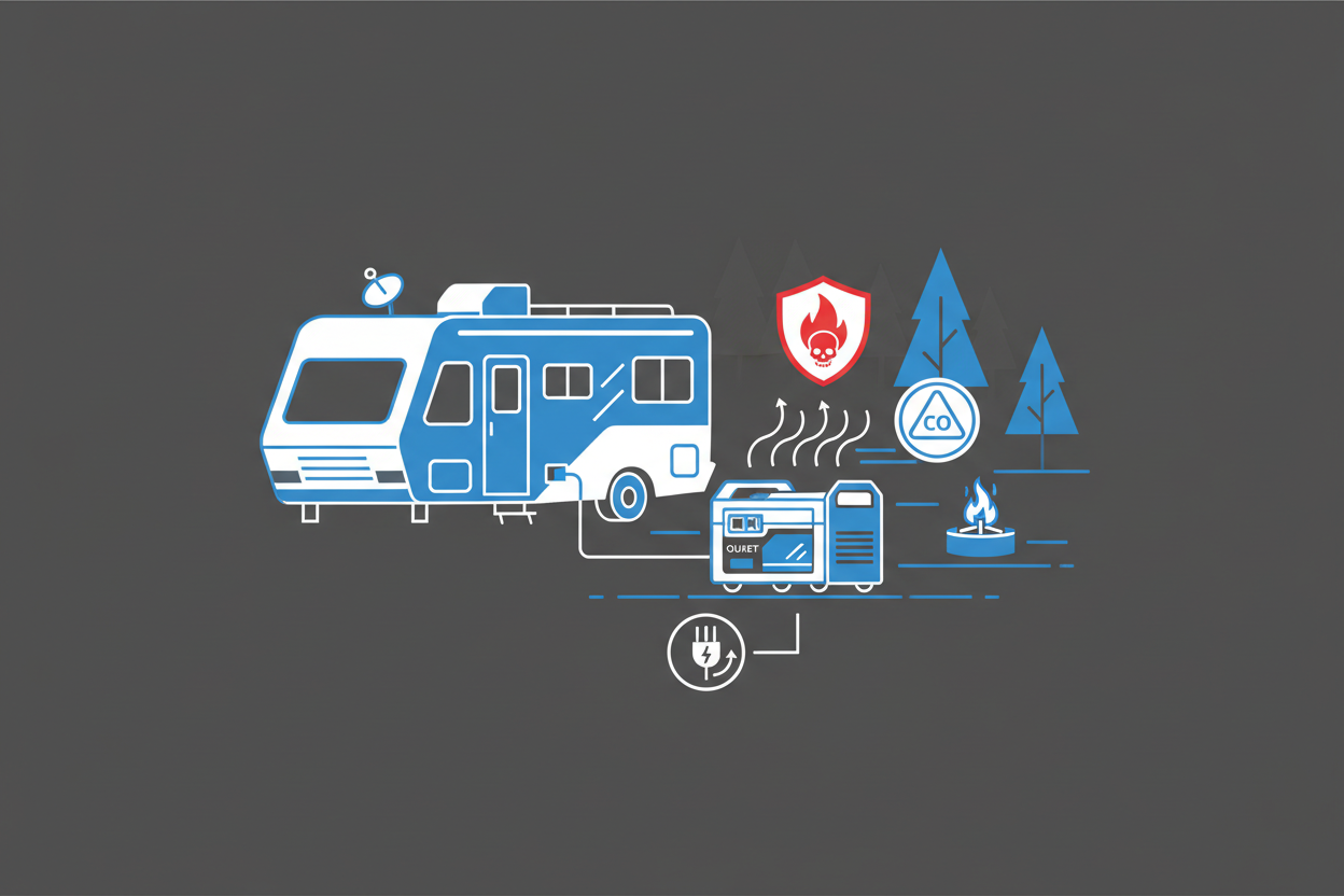 Technical diagram showing safe RV generator placement with CO and fire safety indicators.