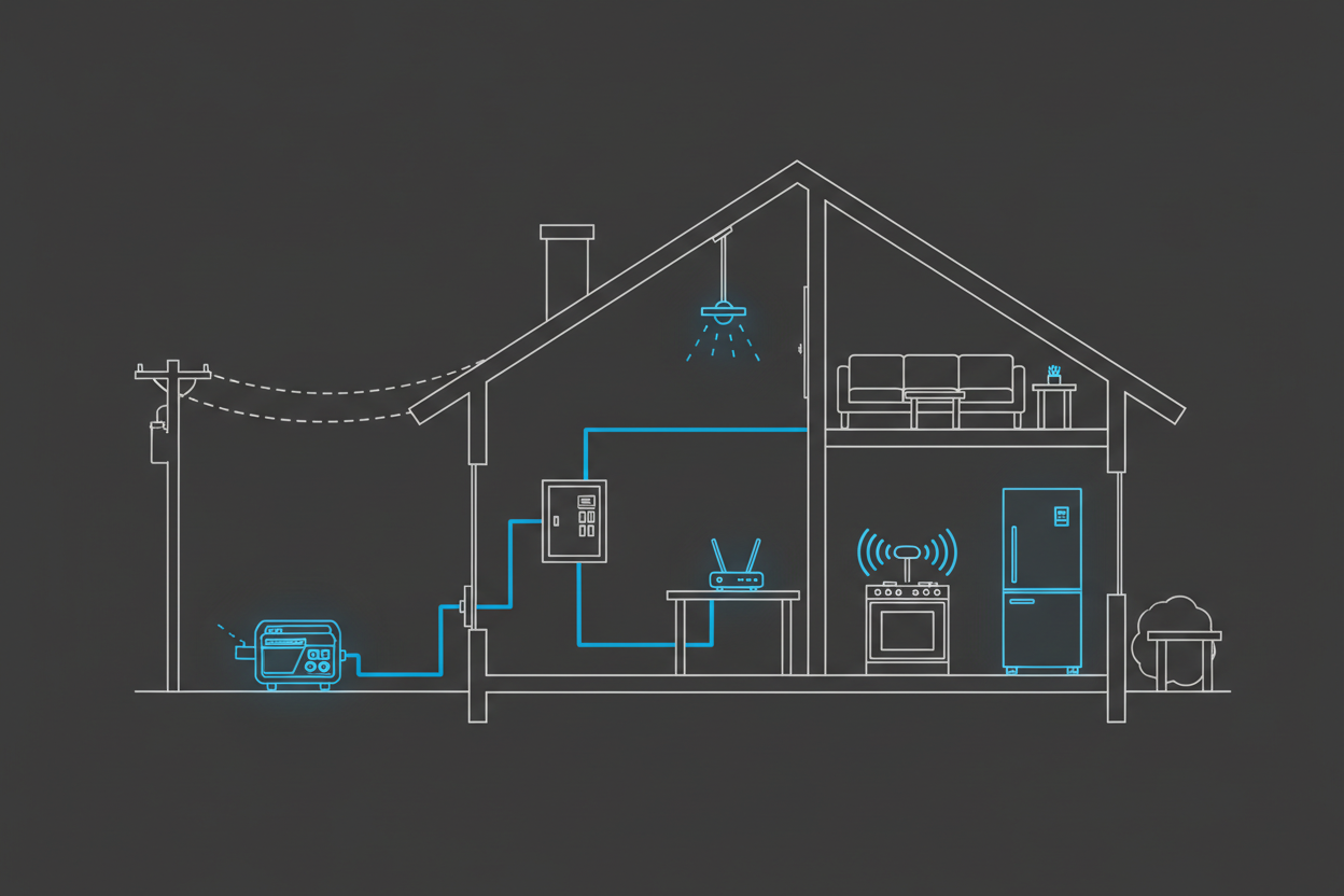 Schematic illustration of a home using an inverter generator during a power outage.