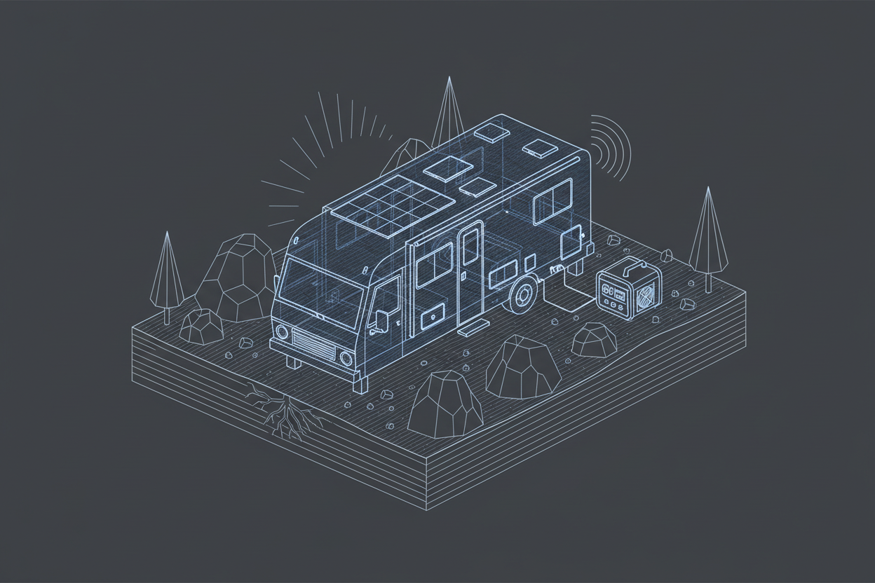 Technical illustration of an RV boondocking with a quiet inverter generator.