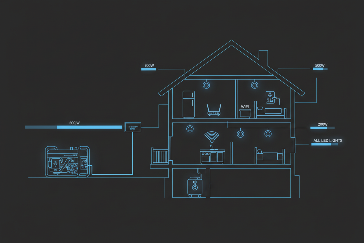 Technical illustration showing inverter generator providing backup power during a home outage.
