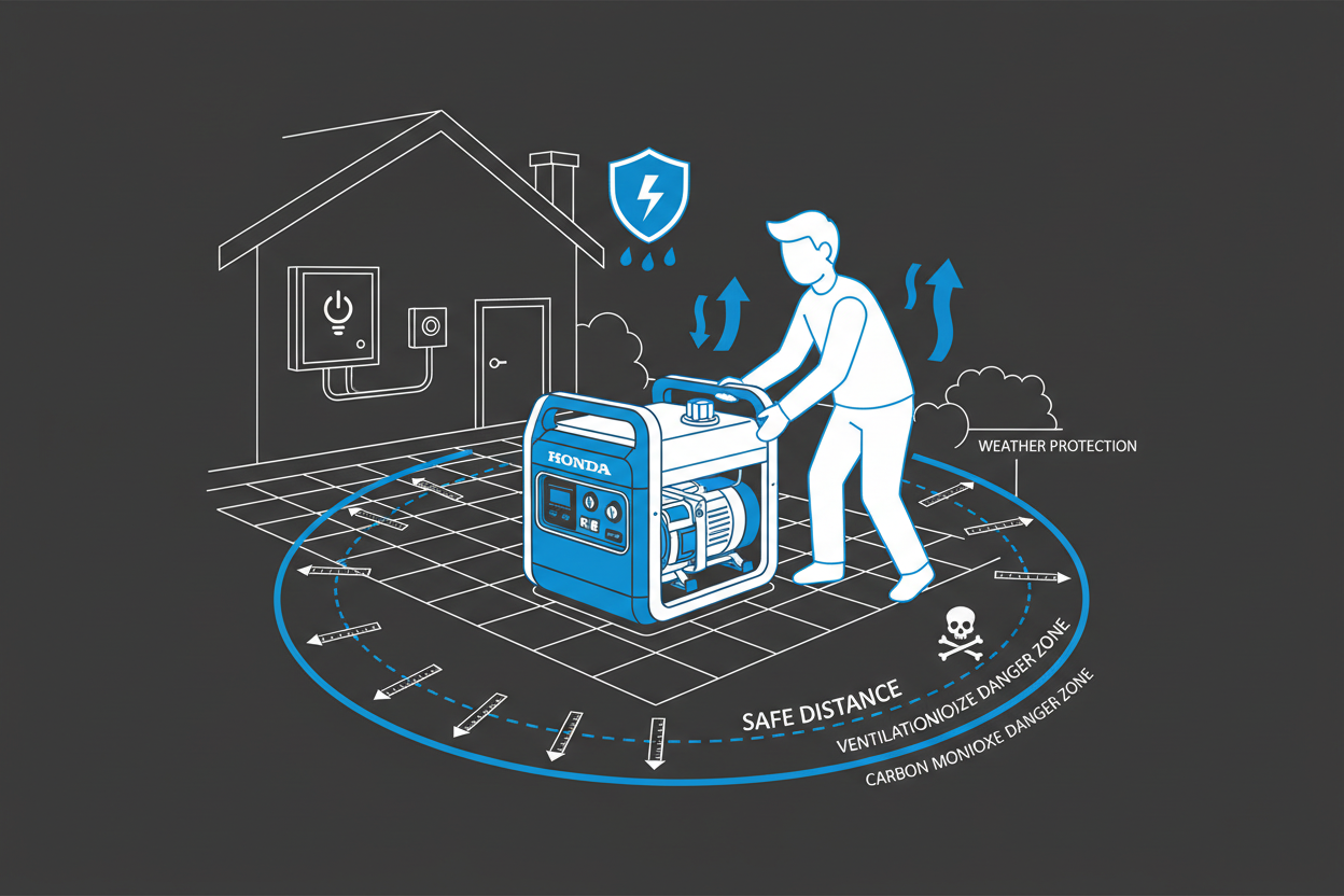 Technical illustration showing safe outdoor placement of a home backup generator.
