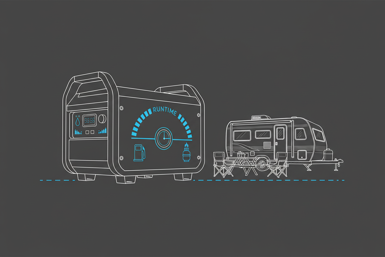 Technical illustration showing generator runtime and fuel usage next to an RV.