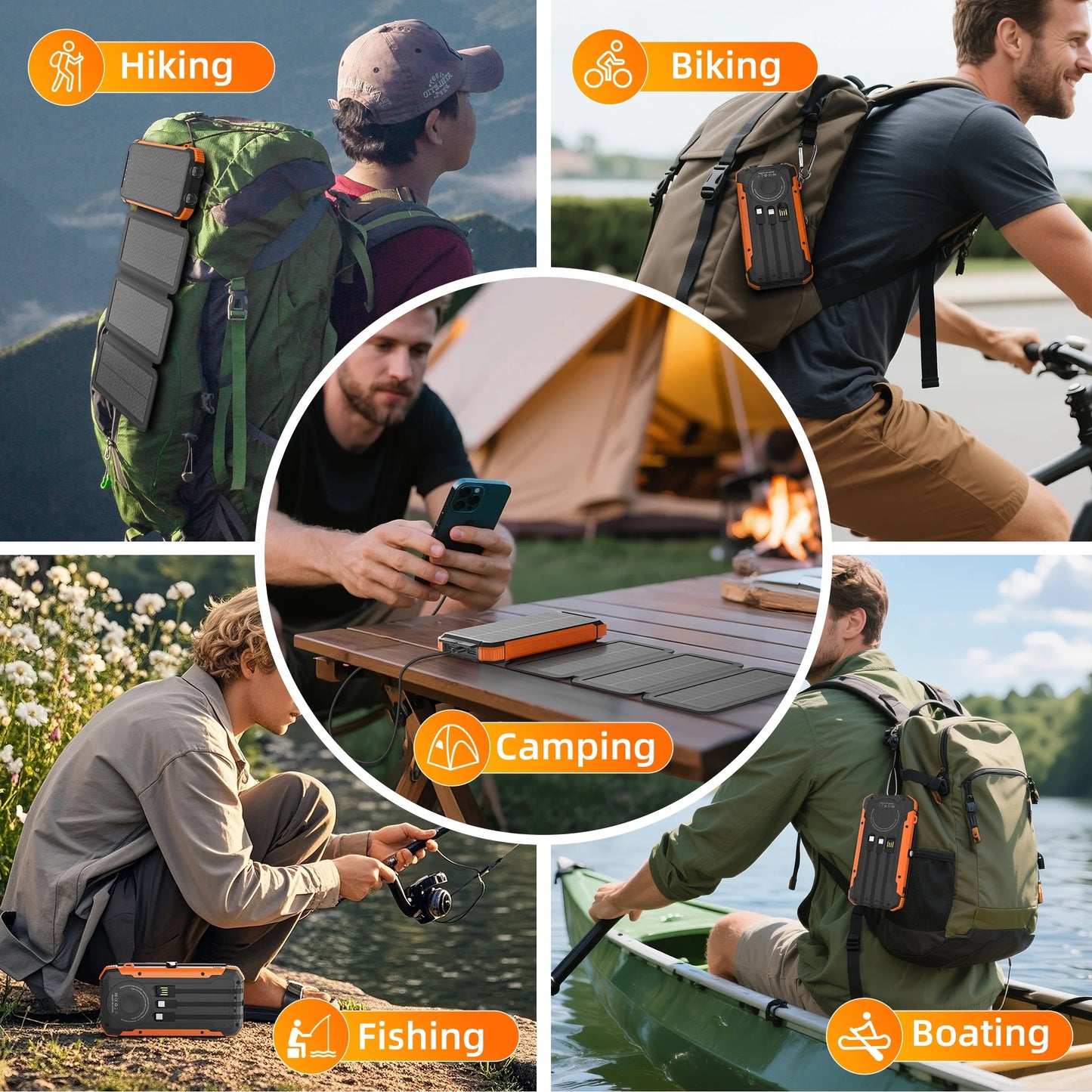 20000Mah Solar Power Bank with 4 Solar Panels,Portable Charger with Built-In 3 Cables and 5W Wireless Charging,Phone Charger Compatible with Iphone/Android-Camping/Travel Essentials(Orange)