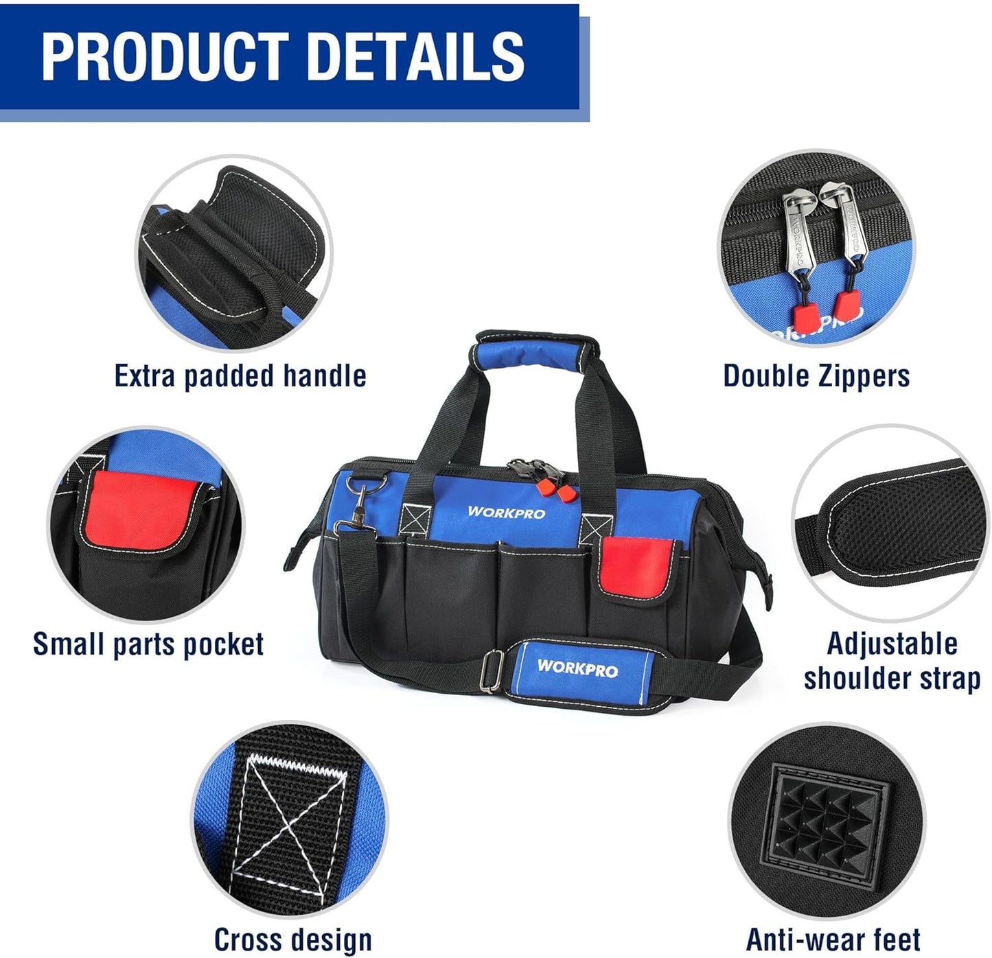 WORKPRO 18-Inch Close Top Wide Mouth Storage Tool Bag with Adjustable Shoulder Strap, Sturdy Bottom