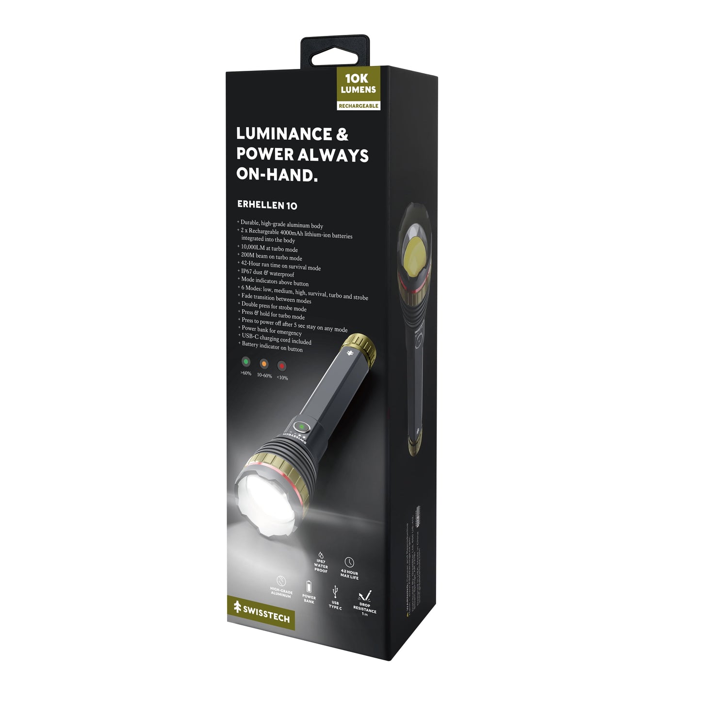 10,000 Lumen Rechargeable LED Flashlight with Power Bank, Waterproof for Camping