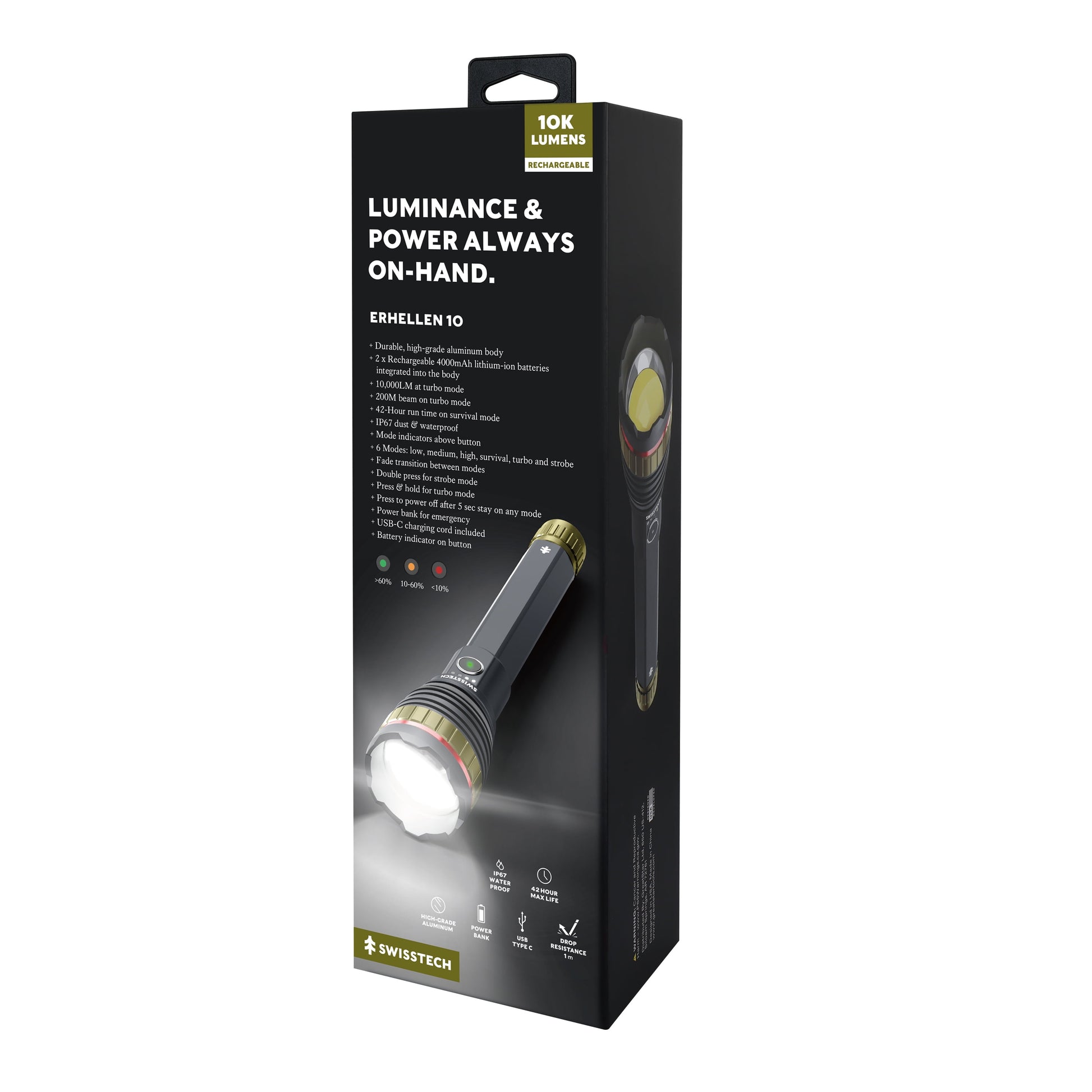 10,000 Lumen Rechargeable LED Flashlight with Power Bank, Waterproof for Camping