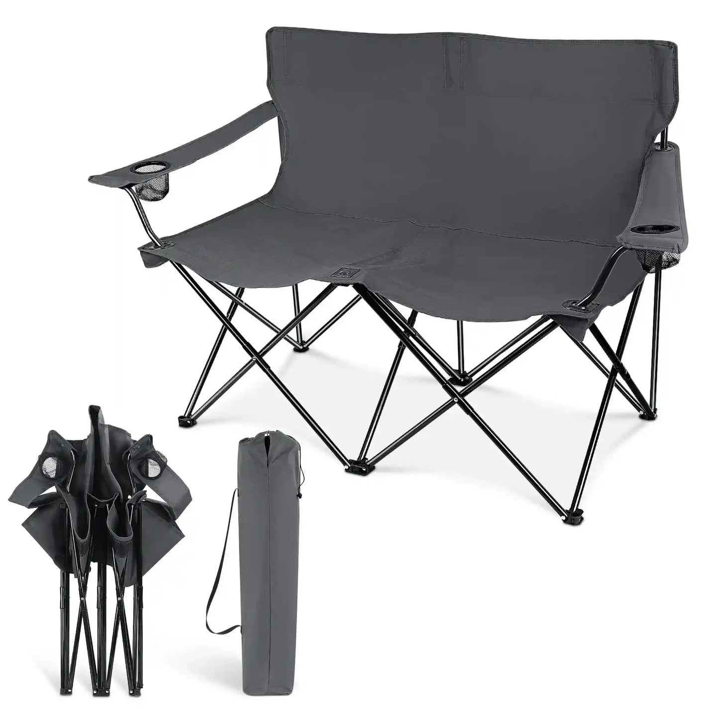 Oversized Foldable Camping Chair, Double Seat Folding Camp Compact Chair for 2 Persons with Storage Bag, Portable & Large for Outdoor Fishing Hiking Travel Picnic Beach Lawn Patio - Grey
