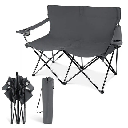 Oversized Foldable Camping Chair, Double Seat Folding Camp Compact Chair for 2 Persons with Storage Bag, Portable & Large for Outdoor Fishing Hiking Travel Picnic Beach Lawn Patio - Grey
